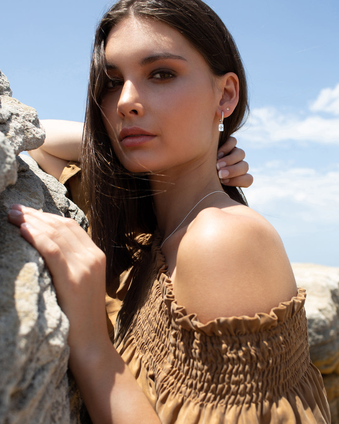 Desert Flower Rectangle Hoop Earrings with White Topaz - Silver