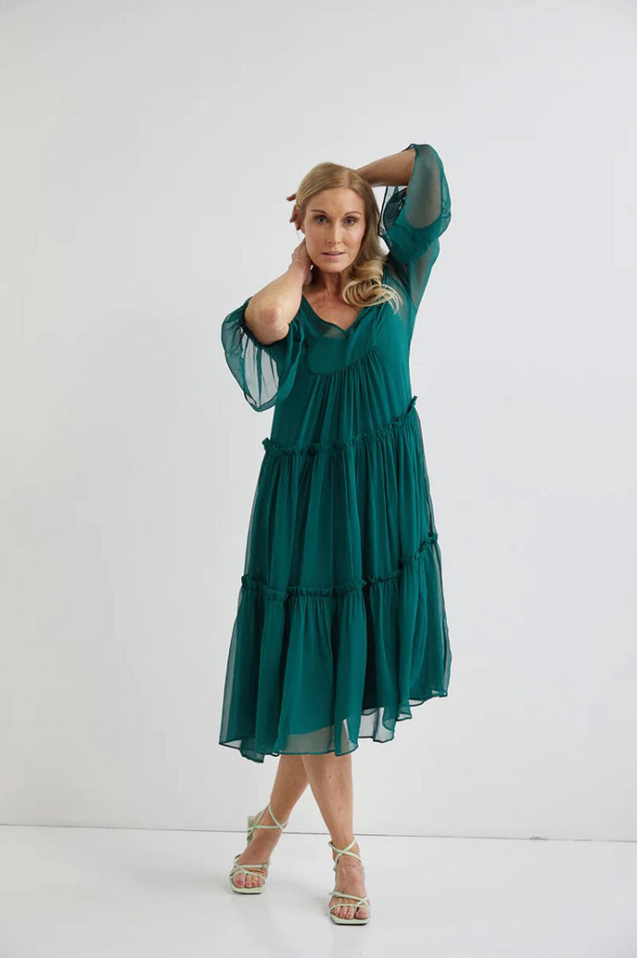 Valentine Silk Midi with Slip - Forest Green