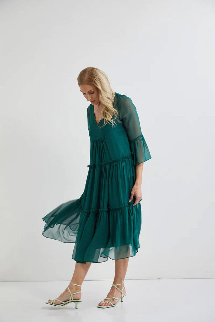 Valentine Silk Midi with Slip - Forest Green