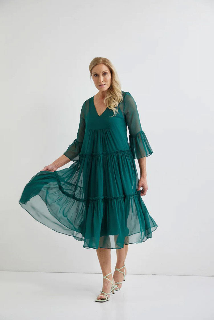 Valentine Silk Midi with Slip - Forest Green