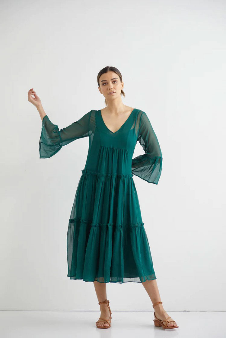 Valentine Silk Midi with Slip - Forest Green