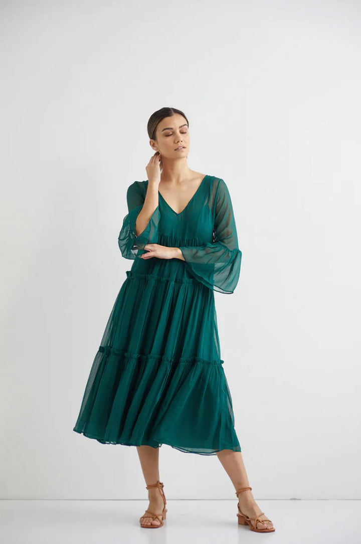 Valentine Silk Midi with Slip - Forest Green