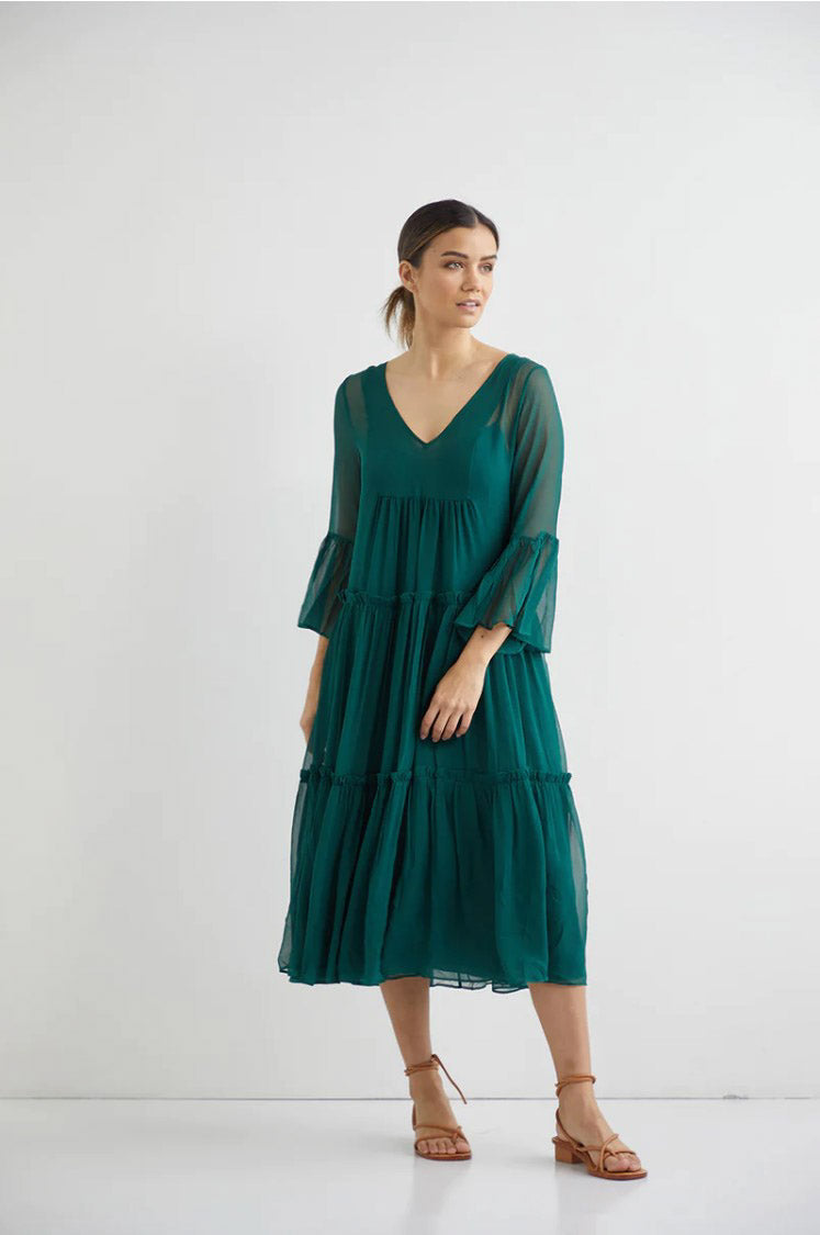 Valentine Silk Midi with Slip - Forest Green