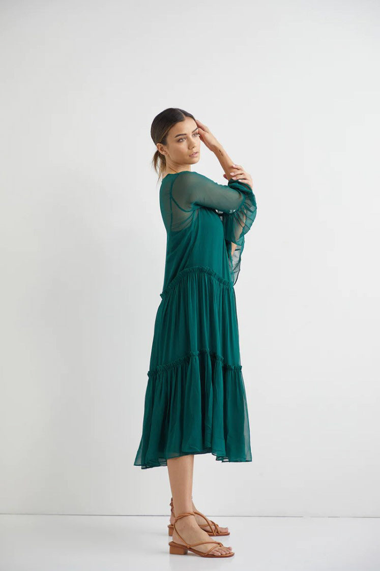 Valentine Silk Midi with Slip - Forest Green