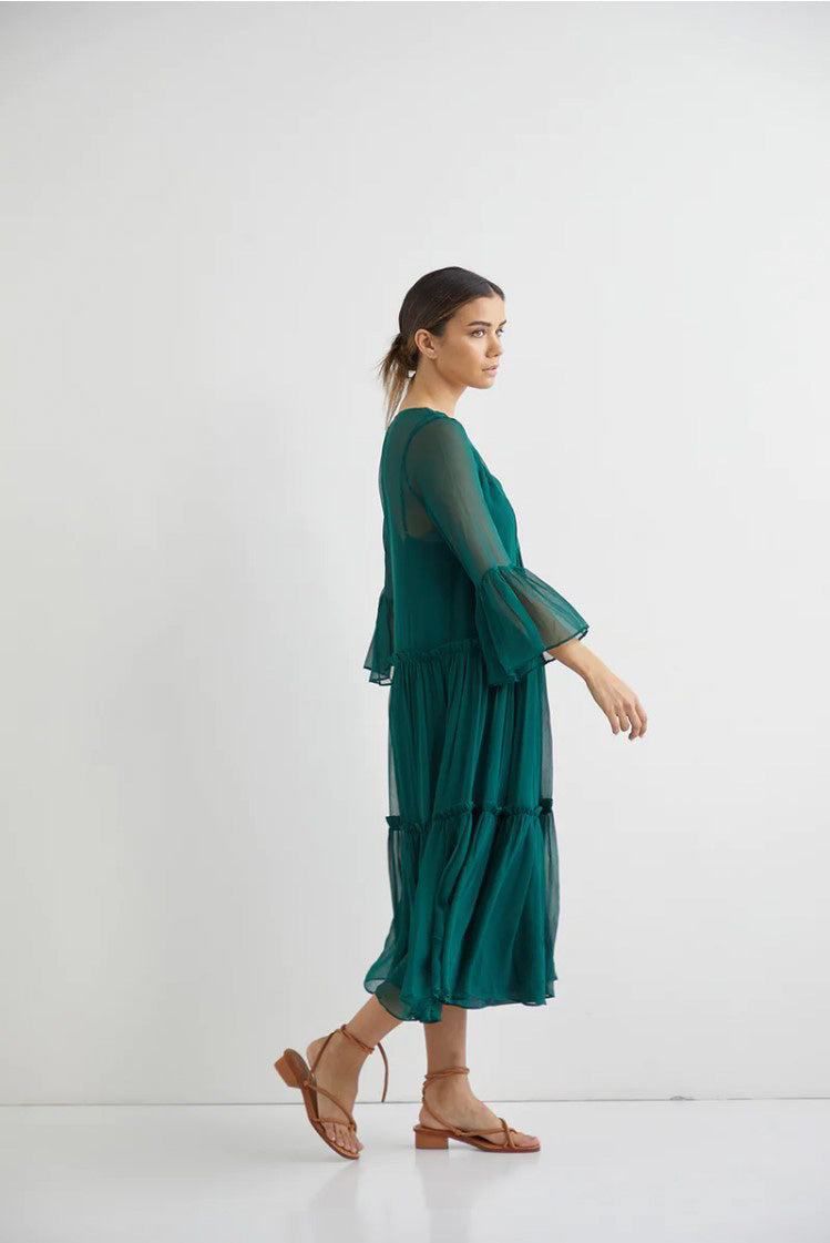 Valentine Silk Midi with Slip - Forest Green