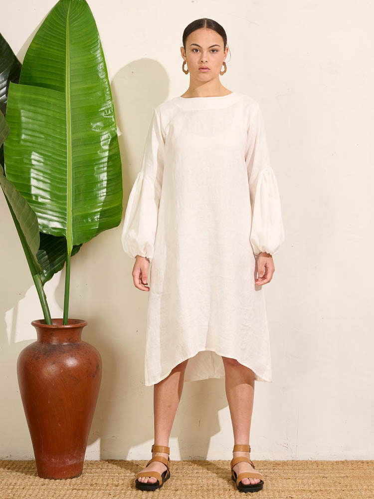 Falling Bell Sleeve Dress - Ivory Linen