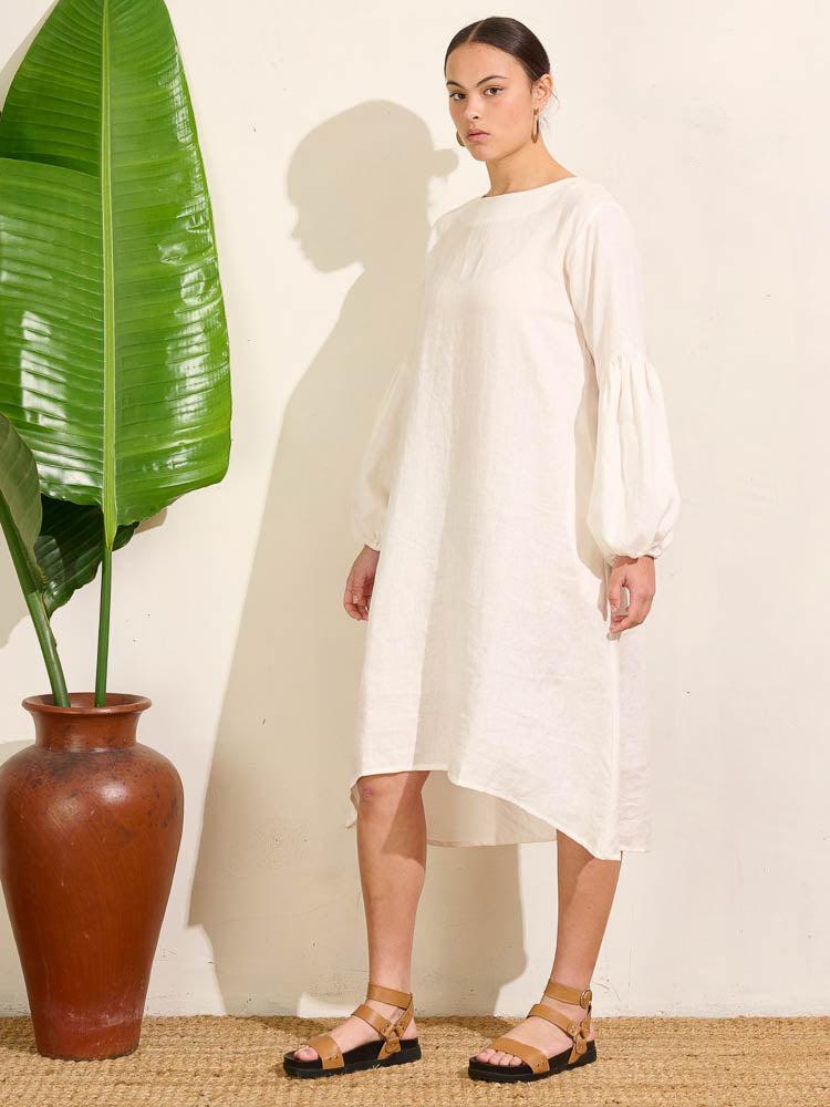 Falling Bell Sleeve Dress - Ivory Linen