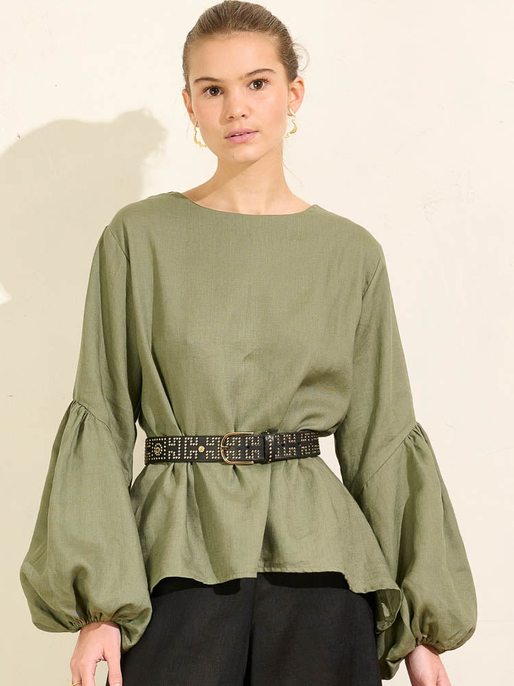 Falling Bell Sleeve Top - Moss Linen