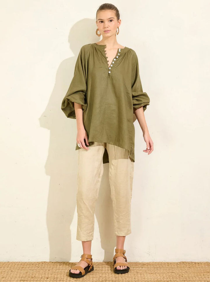 Blouson Sleeve Top - Moss Linen