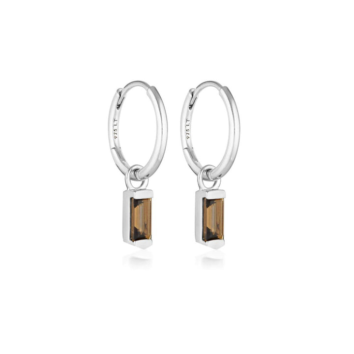 Baguette Huggie Earrings - Smokey Quartz - Silver