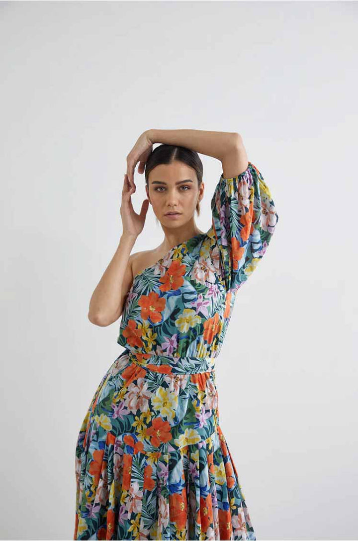 Beautify One Shoulder Midi Dress - Rest Floral