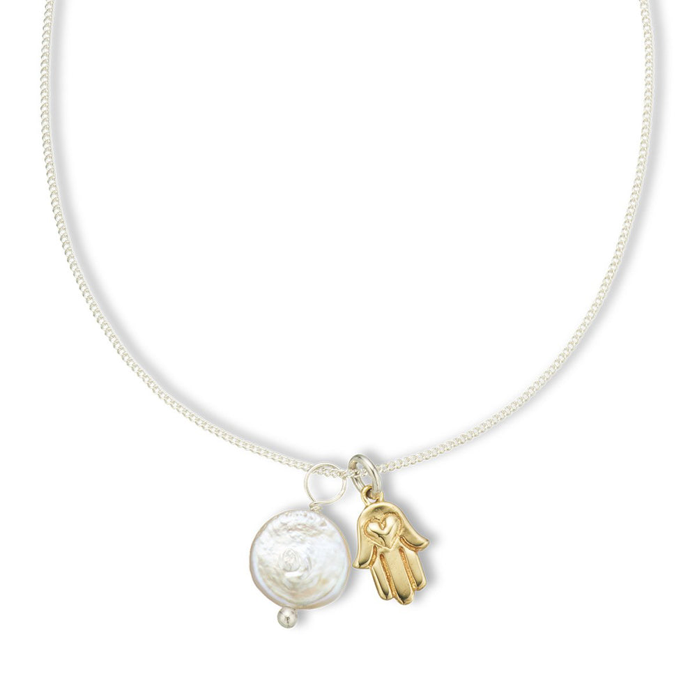 Palas Jewellery Hamsa and Pearl Amulet Necklace