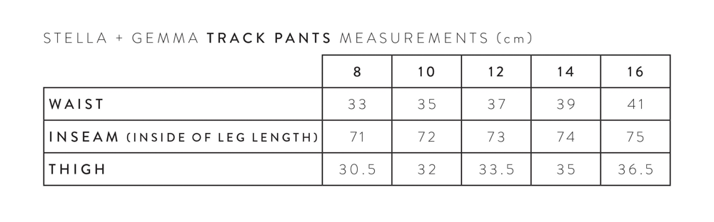 Stella + Gemma Track Pants Measurements