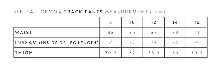 Stella + Gemma Track Pants Measurements