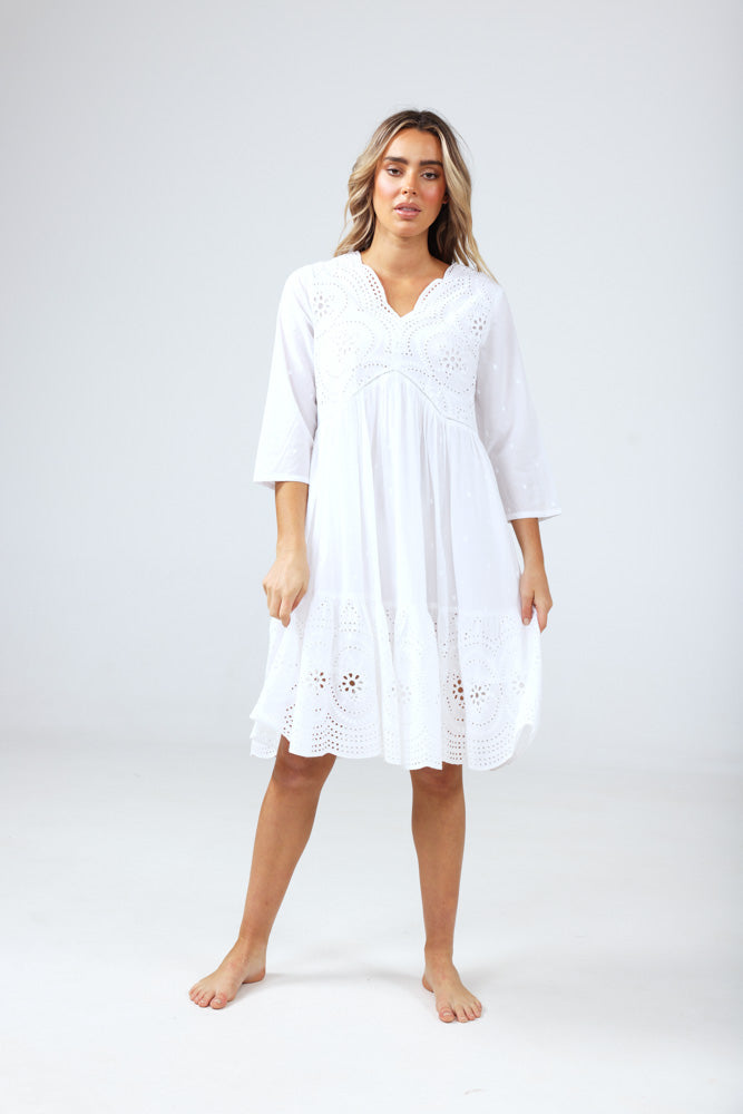 Talisman Patra 3/4 Sleeve Dress - White