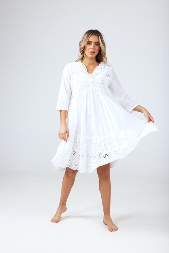 Talisman Patra 3/4 Sleeve Dress - White