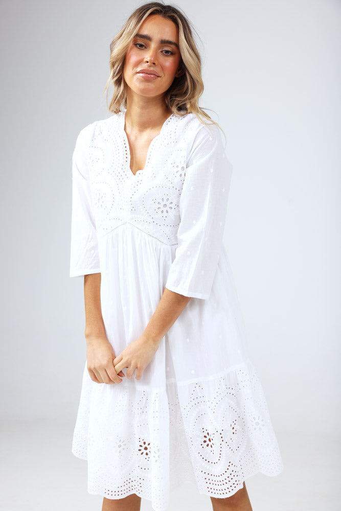 Talisman Patra 3/4 Sleeve Dress - White