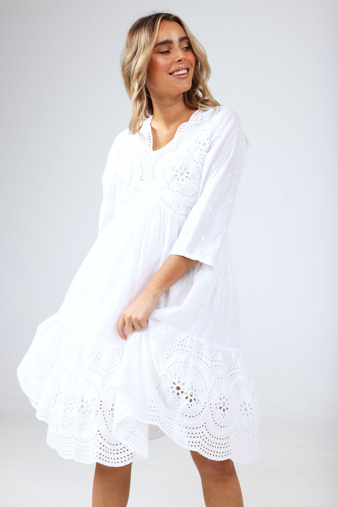 Talisman Patra 3/4 Sleeve Dress - White