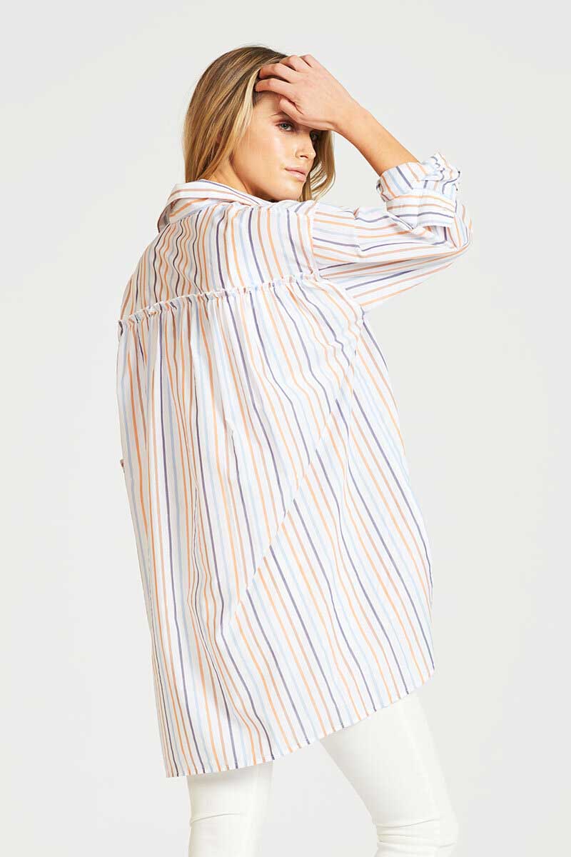 The Boyfriend Gatherback Shirt - Multi Stripe/Gold Lurex