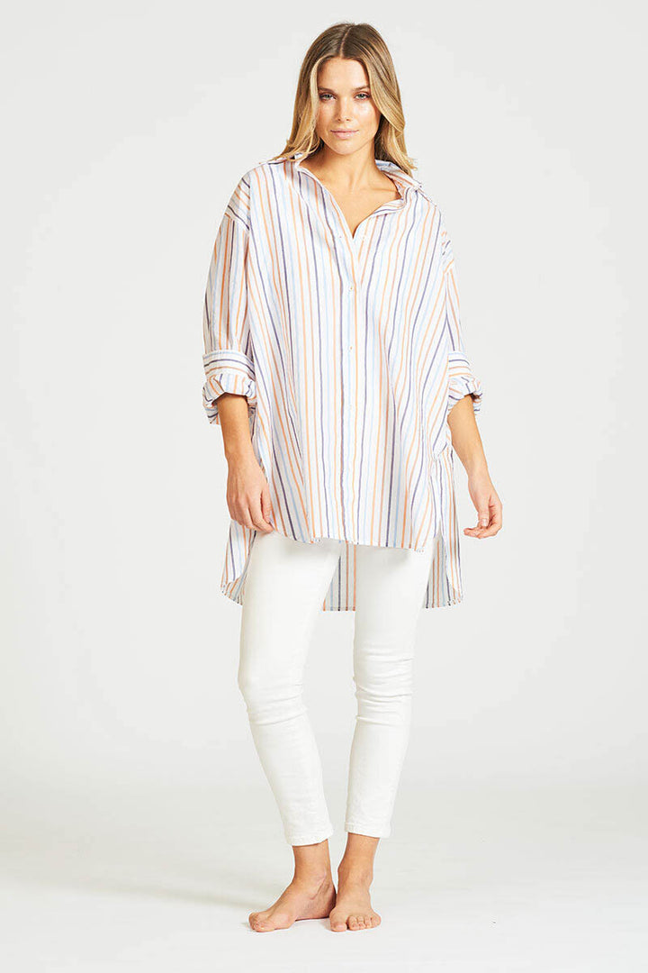 The Boyfriend Gatherback Shirt - Multi Stripe/Gold Lurex