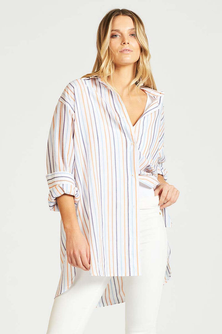 The Boyfriend Gatherback Shirt - Multi Stripe/Gold Lurex