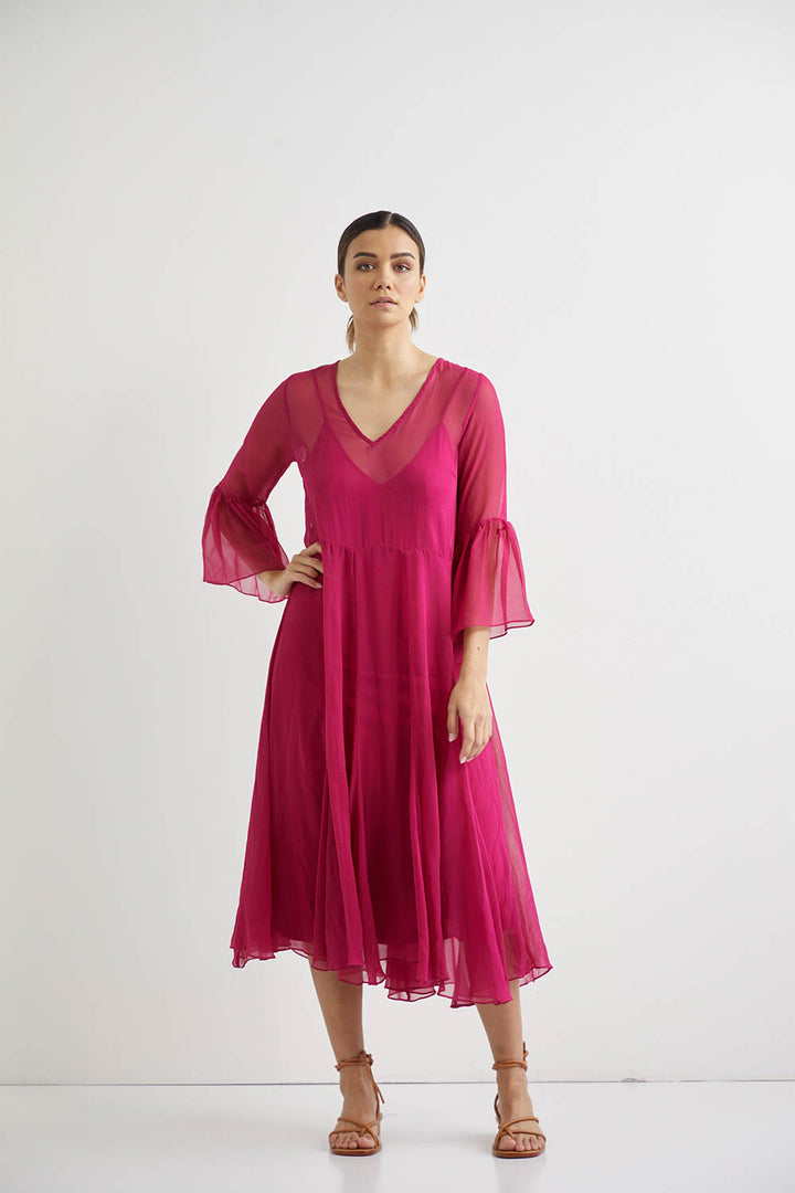 Lotus Silk Midi + Slip - Fuschia