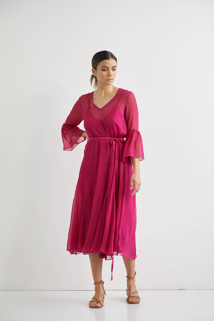 Lotus Silk Midi + Slip - Fuschia