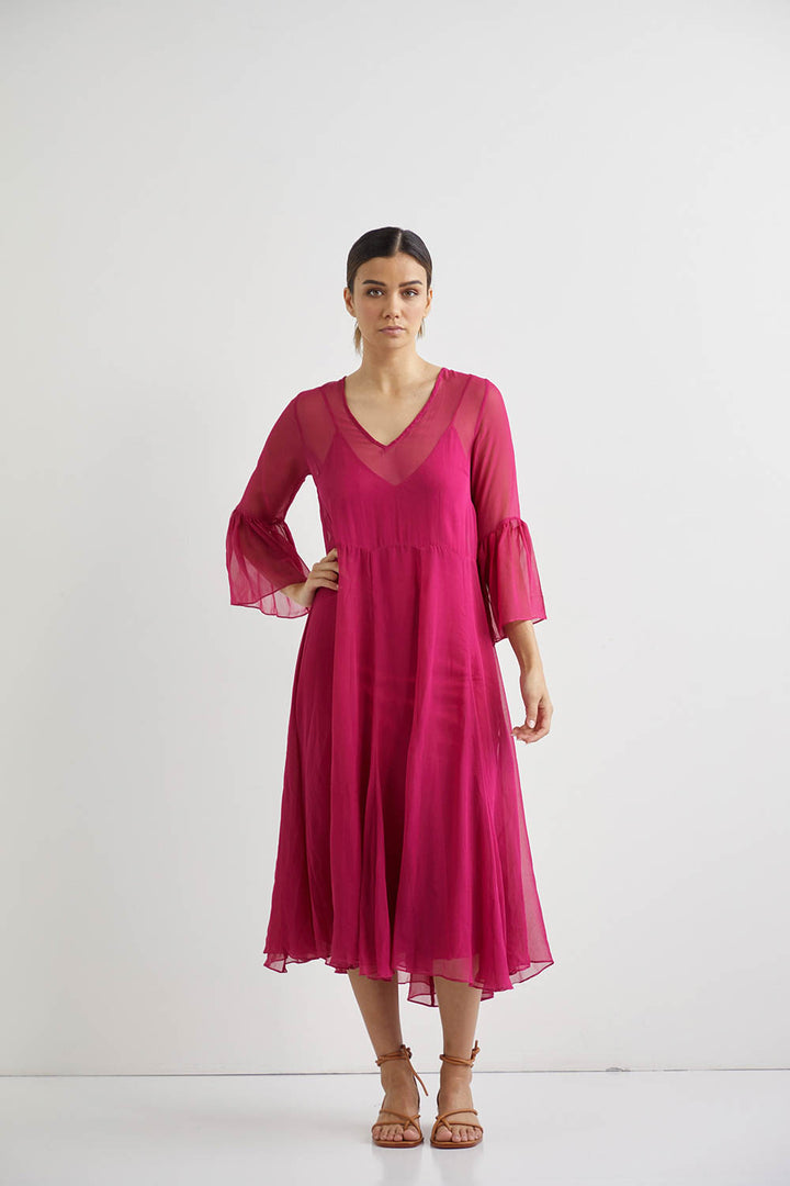 Lotus Silk Midi + Slip - Fuschia