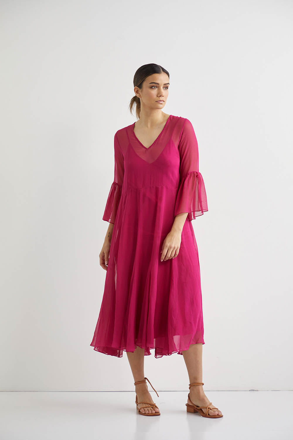 Lotus Silk Midi + Slip - Fuschia