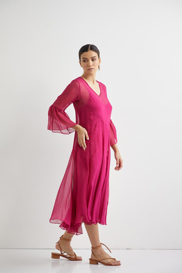 Lotus Silk Midi + Slip - Fuschia