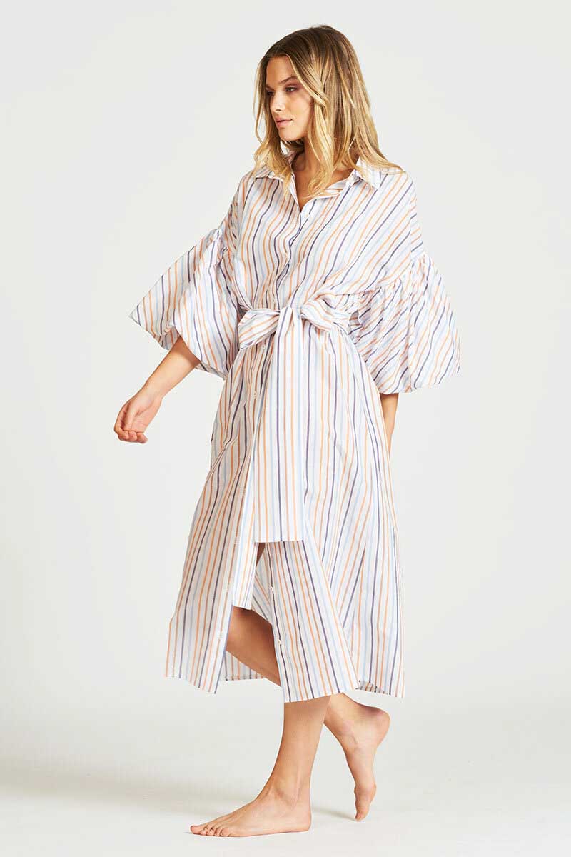 The Puff Sleeve Shirt Dress - Multi Stripe/Gold Lurex